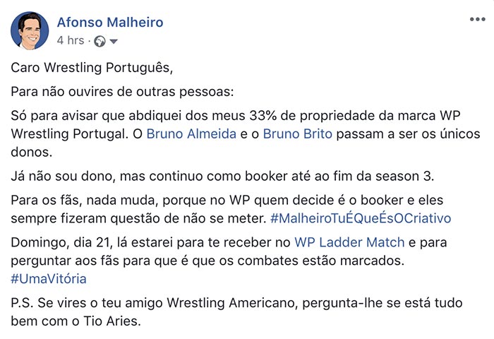 Afonso Malheiro já não é dono do Wrestling Portugal