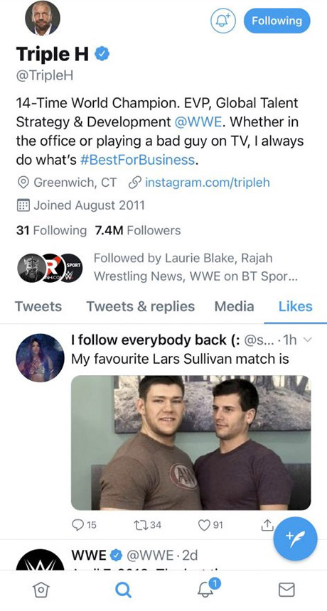 Triple H faz like em tweet a gozar com Lars Sullivan